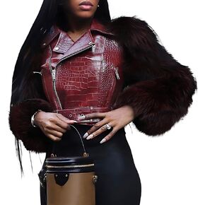 سترة جلدية نسائية مقصوصة من البولي يوريثان بسحاب معطف للدراجات النارية بأكمام من الفرو الصناعي سترات قصيرة لسائقي الدراجات النارية مع حزام in Kuwait