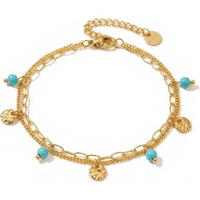 RINHOO FRIENDSHIP Boho الفيروز سوار صغير الخرز الفولاذ المقاوم للصدأ سلسلة مزدوجة الطبقات - مجوهرات الصيف عطلة الشاطئ للنساء in Kuwait