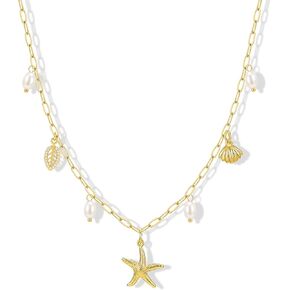 زيفي شل قلادة للنساء، 14K مطلية بالذهب الطبقات نجم البحر محارة صدف اللؤلؤ قلادة سحر قلادة كومة ماء مجوهرات الشاطئ لذيذ لقضاء عطلة الصيف in Kuwait