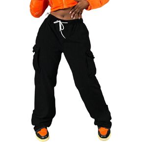 Women's Elastic Waist Jean Cargo Pants Mid Waisted Casual Pants Baggy Wide Leg Flap Pocket Pants Straight Jeans in Saudi Arabia