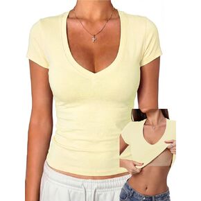 تي شيرت Danysu عاري مدمج من القطن برقبة على شكل V وأكمام قصيرة تي شيرت لا يمكن رؤيته من خلال قطع علوية أساسية قابلة للتمدد للصيف تي شيرت للخروج in Kuwait