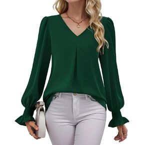 Women's Long Sleeve Tops Dressy Casual V Neck Tunic Shirts Loose Chiffon Work Blouse in Kuwait