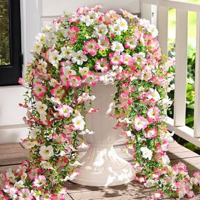 زهور البتونيا الاصطناعية من Waipfaru للأماكن الخارجية، قطعتان من النباتات المعلقة المزيفة المقاومة للأشعة فوق البنفسجية، ديكور خارجي زنبركي، زهور حرير صناعية طويلة زائدة للمزارعين في الهواء الطلق، حديقة الشرفة (أبيض أرجواني) in Kuwait