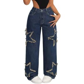 جينز فضفاض للنساء والفتيات مطرز بالنجوم عالي الخصر وأرجل جينز كاجوال لطيف ملابس Preppy in Kuwait
