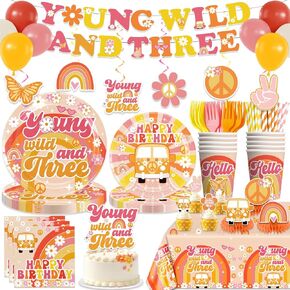 138pcs Young Wild and Three Party Decorations Tableware Set, Wild and Three Party Decorations Young Wild and Three Plate Napkins Tablecloth Banner for Young Wild and Three Party Decorations Girl in Kuwait