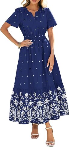 BTFBM Womens Summer Dresses 2026 Casual Short Sleeve Elastic Waist Flowy Beach Vacation Floral Boho Maxi Dress Pockets in Saudi Arabia