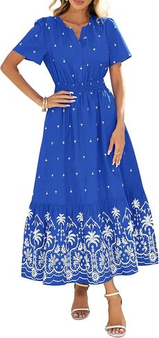 BTFBM Womens Summer Dresses 2026 Casual Short Sleeve Elastic Waist Flowy Beach Vacation Floral Boho Maxi Dress Pockets in Saudi Arabia
