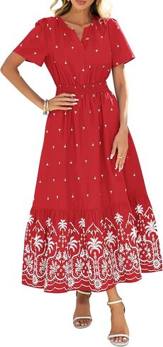 BTFBM Womens Summer Dresses 2026 Casual Short Sleeve Elastic Waist Flowy Beach Vacation Floral Boho Maxi Dress Pockets in Saudi Arabia