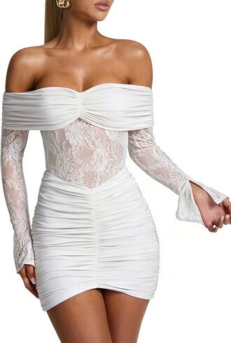 Women's Sexy Lace Off Shoulder Long Sleeve Bodycon See Through Night Out Party Mini Dress in Saudi Arabia