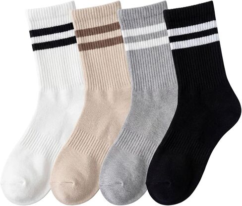 4 Pairs Women Lightweight Striped Crew Socks,Soft,Breathable Cotton Handlinked SmoothToe,Comfortable&Durable Athletic Work Socks, Size 6-10 in Saudi Arabia