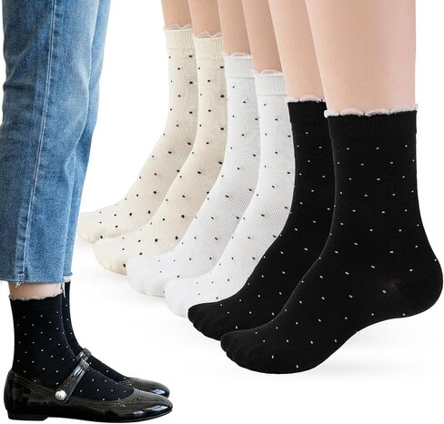 جوارب Soxbang منقطة ماري جين، جوارب شبكية رفيعة للغاية من الدانتيل القطني للكاحل جوارب شفافة للكاحل 6 أزواج in Kuwait