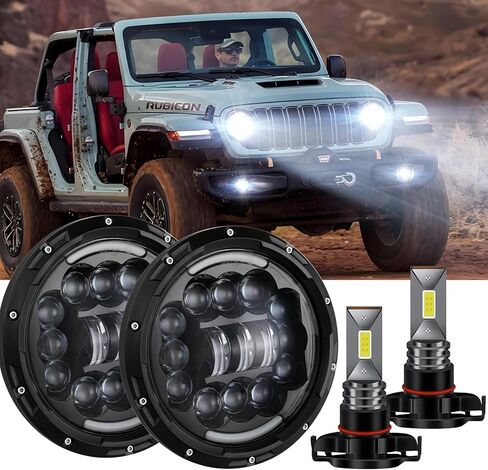 H6024 7-inch LED Headlights + 2504/12276/PSX24WCVP led Fog Lights Compatible with Wrangler (2010-2024), Round Headlamp High Low Beam, DOT Approved,H6024，4-Pack in Kuwait