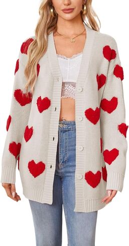 Women Cute Oversized Valentines Day Cardigan Sweater Kawaii Love Heart Button Up Preppy Knit Coat Trendy Y2k Clothes in Kuwait