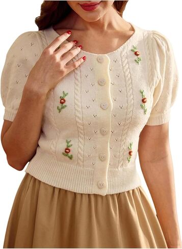 GORGLITTER Women's Floral Embroidered Cardigans Boho Puff Short Sleeve Button Down Crew Neck Cute Knitted Cottagecore Sweater in Saudi Arabia