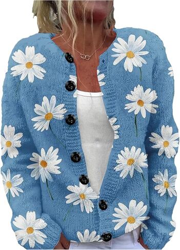 سترة صوفية بمقاس كبير - سترة بطباعة زهرة الأقحوان البوهيمية، سترة مريحة بأكمام طويلة للنساء للارتداء الكاجوال أو الرسمي in Kuwait