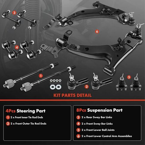 A-Premium Set of 12, Front Lower Control Arm, Lower Ball Joint, Inner Outer Tie Rod End, Front & Rear Sway Bar Link, Compatible with Toyota Corolla 1993 1994 1995 L4 1.8L, FWD Only in Saudi Arabia