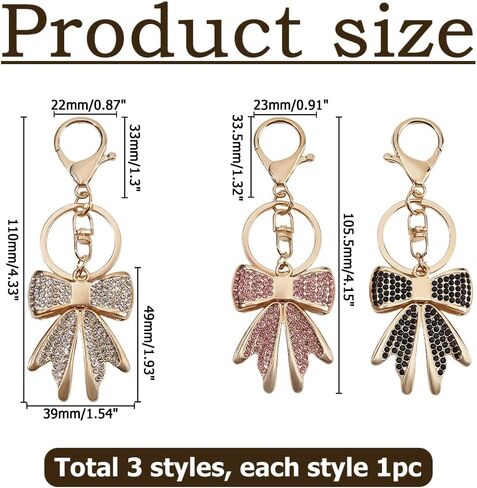 3Pcs Bow Keychain Rhinestone 3 Colors Sparkly Bowknot Keychains Bag Charm Shiny Gold Bow Key Chain for Key Purse Backpack Handbag Decorate Accessories in Saudi Arabia