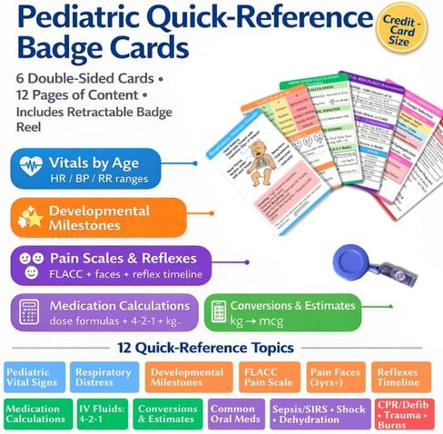 6 Pediatric Nursing Reference Cards with Badge Reel - Peds Vital Signs and Nurse Cheat Sheets for Nursing Students - Pediatric Nurse Essentials and Accessories in Saudi Arabia