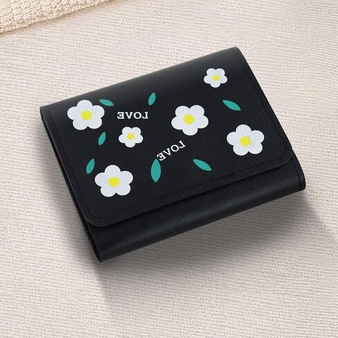 Cute Tri-fold Women Wallet, Practical Thin Wallet for Women with 6 Card Slots, 1 ID Window, 1 Cash Slot, Credit Card Holder with Several Flower Pattern and Metal Snap for Daily Use (Black) in Saudi Arabia