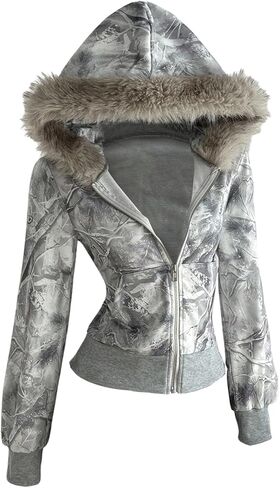 Verdusa Women's Y2K Faux Fur Camo Zip Up Hoodie Streetwear Sweatshirts Lightweight Fall Jackets in Saudi Arabia