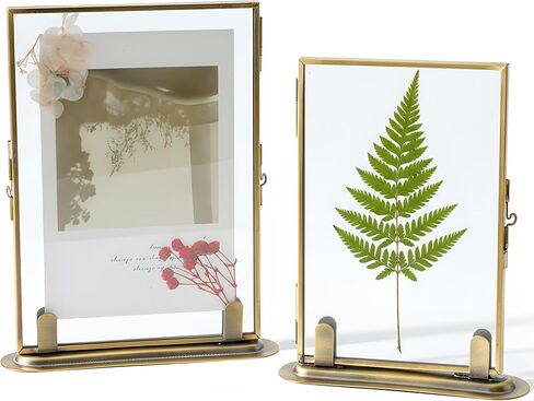 2 حزمة من الإطارات النحاسية العائمة العتيقة الذهبية لإطارات الطاولة للصور 5 × 7 و4 × 6، زجاج مزدوج مضغوط على شكل زهرة ديكور لمكتب الزفاف المنزلي in Kuwait