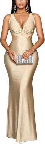 GORGLITTER Women's Satin Backless Maxi Dress Elegant Fishtail Summer Sexy Cocktail Wedding Guest Prom Party Sun Dresses in Saudi Arabia
