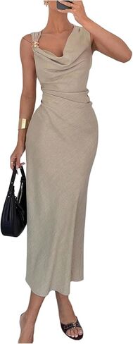 SOLY HUX Women's Cowl Neck Ruched Bodycon Dress Elegant Sleeveless Midi Cocktail Evening Dresses in Saudi Arabia