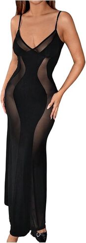 GORGLITTER Women's Deep V Neck Mesh Sheer Bodycon Wedding Guest Maxi Dress Sleeveless Long Party Cocktail Dresses in Saudi Arabia