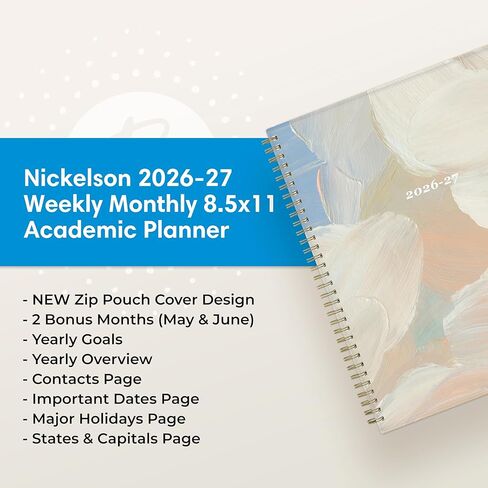 Blue Sky 2026-2027 Weekly and Monthly Academic Year Planner Calendar, July 2026 - June 2027, 8.5" x 11", Flexible Cover With Zip Pouch, Wirebound, Storage Pocket, Nickelson in Saudi Arabia
