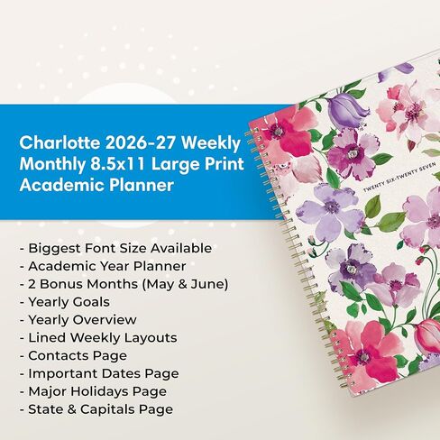 Blue Sky 2026-2027 Large Print Weekly and Monthly Academic Year Planner Calendar, July 2026 - June 2027, 8.5" x 11", Flexible Cover, Wirebound, Storage Pocket, Laminated Tabs, Charlotte in Saudi Arabia
