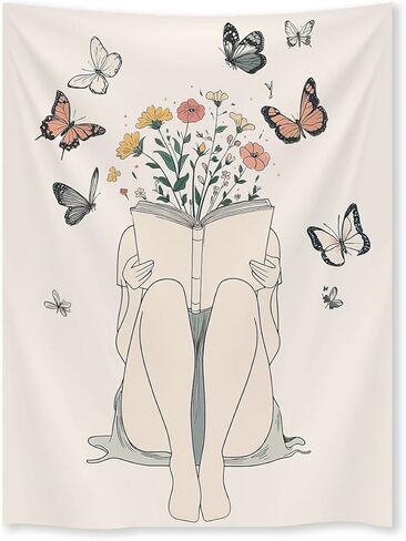 المرأة قراءة كتاب نسيج بوهو فراشة زهرة الجدار شنقا الطبيعة مجردة البيج رسم خط بسيط جدار الفن الهدايا لمحبي الكتاب لغرفة المعيشة غرفة نوم النوم 30x40 بوصة in Kuwait