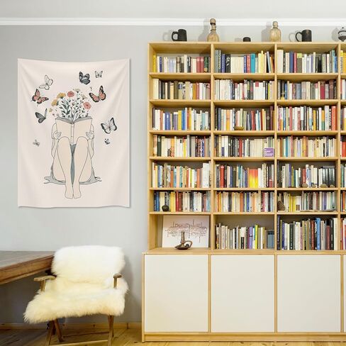 المرأة قراءة كتاب نسيج بوهو فراشة زهرة الجدار شنقا الطبيعة مجردة البيج رسم خط بسيط جدار الفن الهدايا لمحبي الكتاب لغرفة المعيشة غرفة نوم النوم 30x40 بوصة in Kuwait