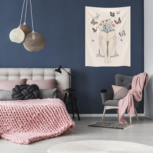المرأة قراءة كتاب نسيج بوهو فراشة زهرة الجدار شنقا الطبيعة مجردة البيج رسم خط بسيط جدار الفن الهدايا لمحبي الكتاب لغرفة المعيشة غرفة نوم النوم 30x40 بوصة in Kuwait