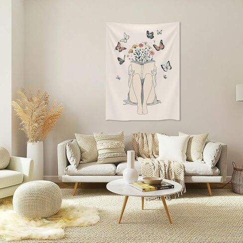 المرأة قراءة كتاب نسيج بوهو فراشة زهرة الجدار شنقا الطبيعة مجردة البيج رسم خط بسيط جدار الفن الهدايا لمحبي الكتاب لغرفة المعيشة غرفة نوم النوم 30x40 بوصة in Kuwait