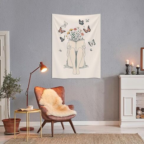 المرأة قراءة كتاب نسيج بوهو فراشة زهرة الجدار شنقا الطبيعة مجردة البيج رسم خط بسيط جدار الفن الهدايا لمحبي الكتاب لغرفة المعيشة غرفة نوم النوم 30x40 بوصة in Kuwait