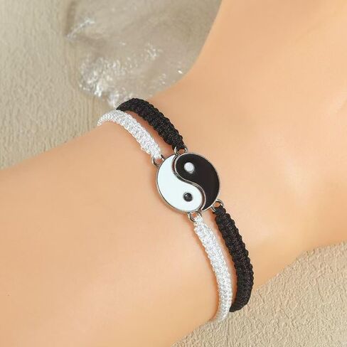 2Pcs Matching Yin-Yang Friendship Bracelets, Twin Taiji Link Set, Adjustable Cord in Kuwait