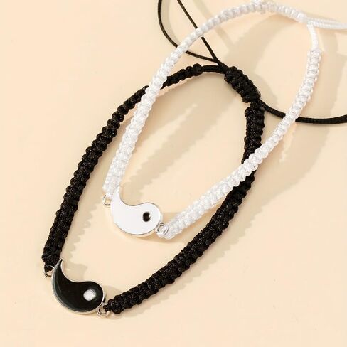 2Pcs Matching Yin-Yang Friendship Bracelets, Twin Taiji Link Set, Adjustable Cord in Kuwait