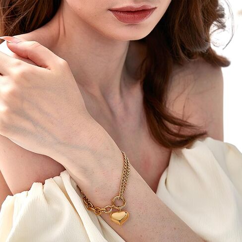 Gold Heart Charm Chain Bracelet for Women, Chunky Link Bracelet Adjustable Fashion Jewelry in Kuwait