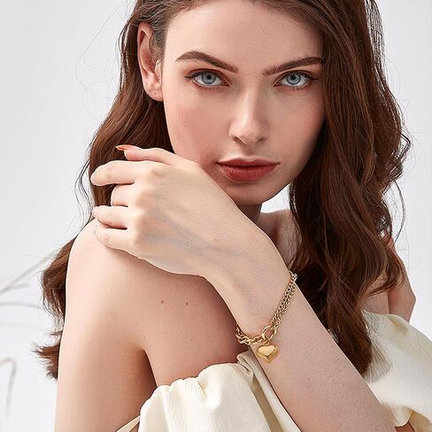 Gold Heart Charm Chain Bracelet for Women, Chunky Link Bracelet Adjustable Fashion Jewelry in Kuwait