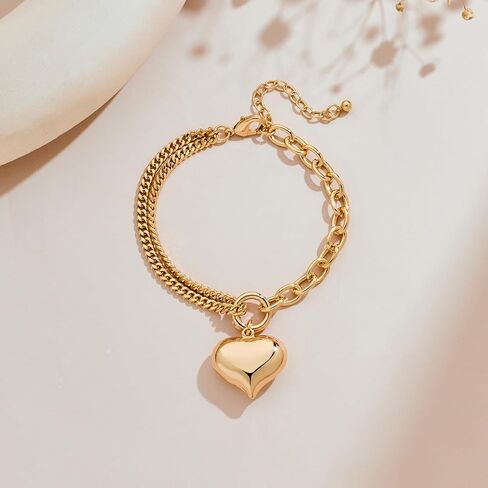 Gold Heart Charm Chain Bracelet for Women, Chunky Link Bracelet Adjustable Fashion Jewelry in Kuwait