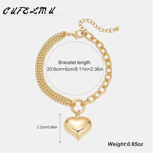 Gold Heart Charm Chain Bracelet for Women, Chunky Link Bracelet Adjustable Fashion Jewelry in Kuwait