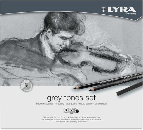 LYRA - Metal Box Grey Shades 9 Assorted Pencils Charcoal Sepia Blood 12 Assorted Painting Crayons and Accessories in Kuwait