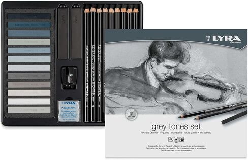 LYRA - Metal Box Grey Shades 9 Assorted Pencils Charcoal Sepia Blood 12 Assorted Painting Crayons and Accessories in Kuwait