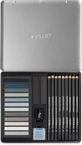 LYRA - Metal Box Grey Shades 9 Assorted Pencils Charcoal Sepia Blood 12 Assorted Painting Crayons and Accessories in Kuwait