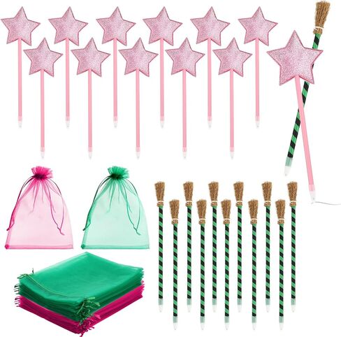 48 Pcs Witch and Princess Party Pens with Pink Star Witch Broom Ballpoint Pens and Organza Gift Bags for Halloween Birthday Party Supplies Decorations in Kuwait