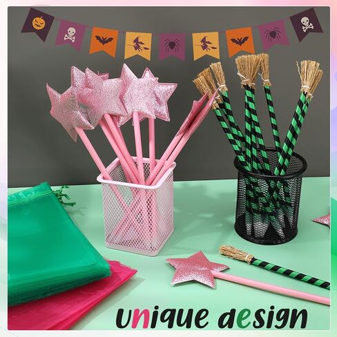 48 Pcs Witch and Princess Party Pens with Pink Star Witch Broom Ballpoint Pens and Organza Gift Bags for Halloween Birthday Party Supplies Decorations in Kuwait
