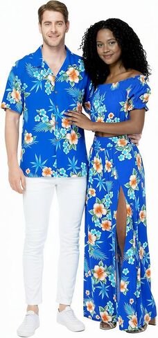 Matchable Couple Hawaiian Luau Shirt Smock Top Wide Legged Pants in Hibiscus Blue in Saudi Arabia