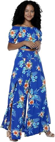 Matchable Couple Hawaiian Luau Shirt Smock Top Wide Legged Pants in Hibiscus Blue in Saudi Arabia