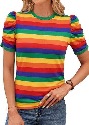 LilyCoco Striped Shirt Women Casual Summer Short Puff Sleeve Crew Neck Fitted Top in Kuwait