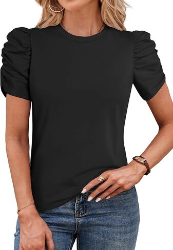 LilyCoco Striped Shirt Women Casual Summer Short Puff Sleeve Crew Neck Fitted Top in Saudi Arabia